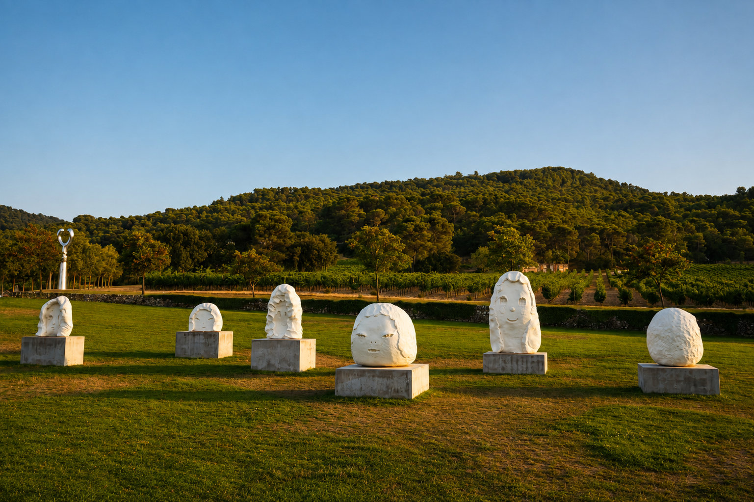 Yoshitomo Nara at Château La Coste — six monumental white heads, enlarged from small clay models, now inhabit the Provençal landscape